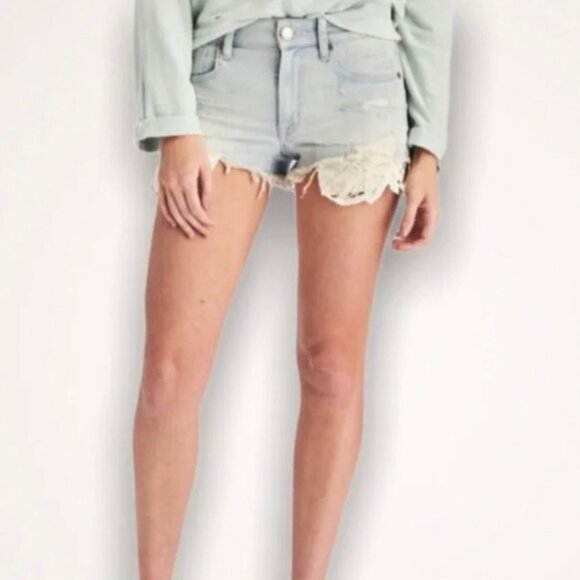 American Eagle‎ Hi-Rise Shortie Size 8 US Light Denim  Lace High Waisted Shorts - Picture 9 of 10